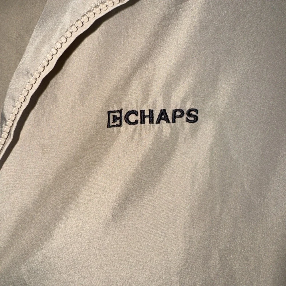 Chaps Windbreaker‎ Jacket Mens Medium Tan Navy Blue Packable Hooded Full Zip